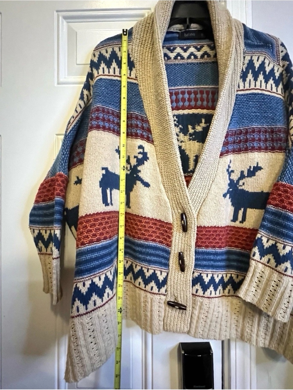 Oversized Chunky Knit Fair Isle Shawl Collar Sweater Moose Blue L XL Gorpcore - Picture 7 of 8